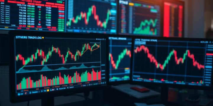 Asian trader analyzing financial data on multiple computer monitors with stock market and crypto trading graphs, stock market, computer monitors