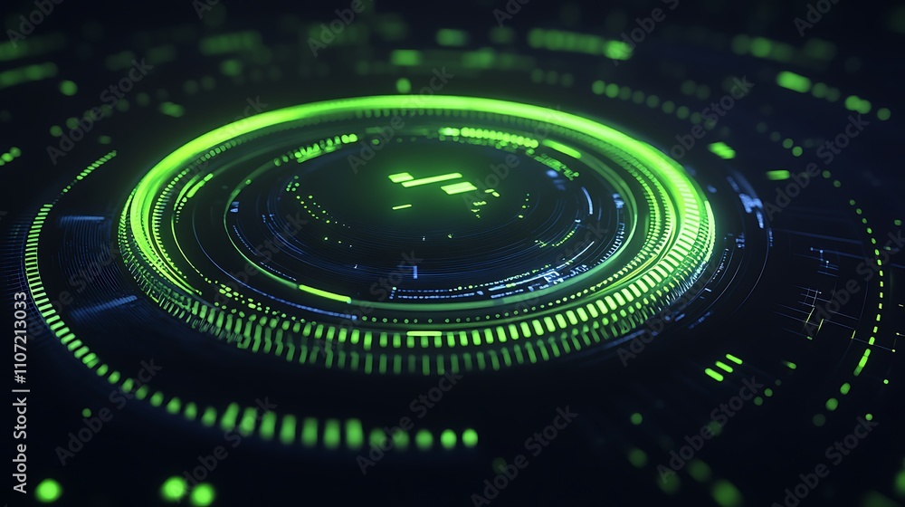Poster futuristic abstract digital technology interface with neon green elements and dark background