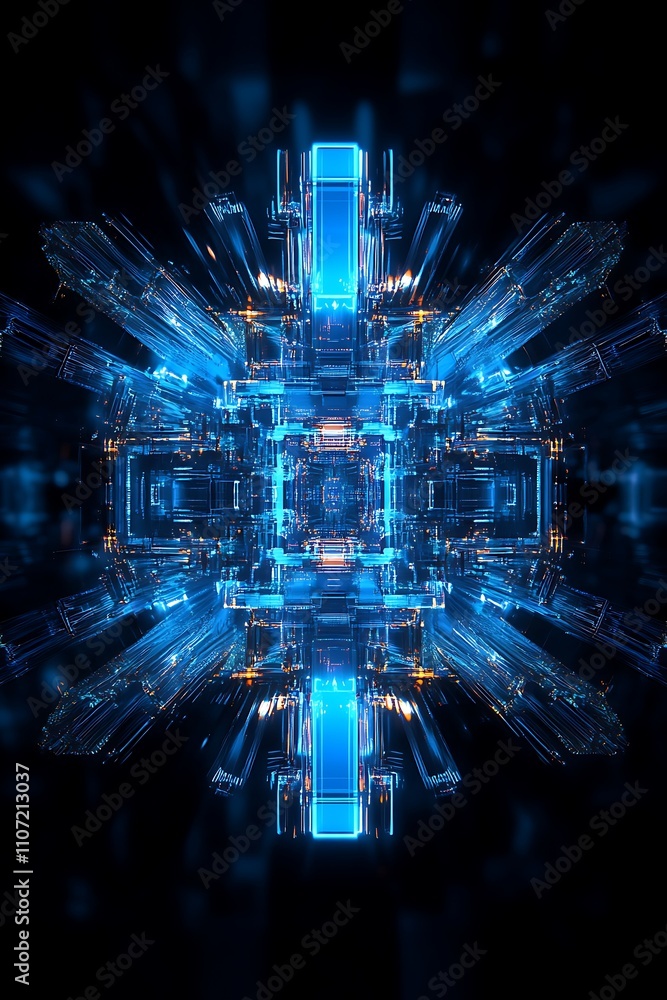 Poster futuristic abstract digital structure with glowing blue lights and intricate geometric patterns
