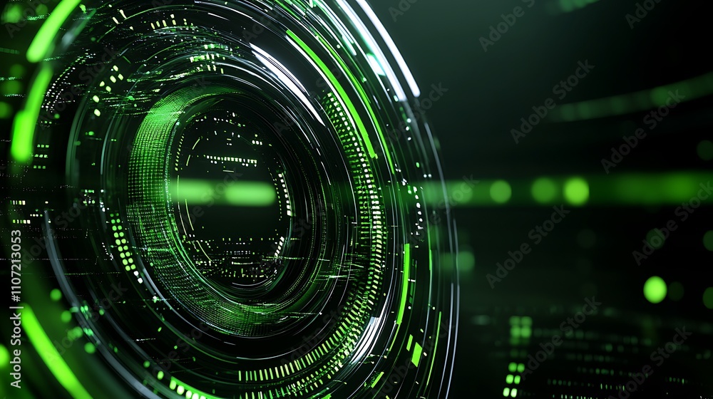 Poster futuristic abstract digital technology background with glowing green lines and circular patterns in 
