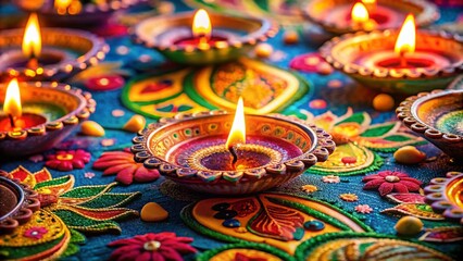 Vibrant Diwali Pattern Featuring Traditional Elements, Lamps, and Festive Motifs for Celebrating the Festival of Lights in a Colorful and Artistic Style