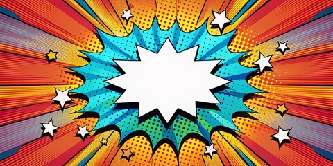 Vibrant Double Exposure Comic Burst Background with Blank Speech Bubble for Creative Communication and Marketing Designs in Bold Colors and Dynamic Shapes