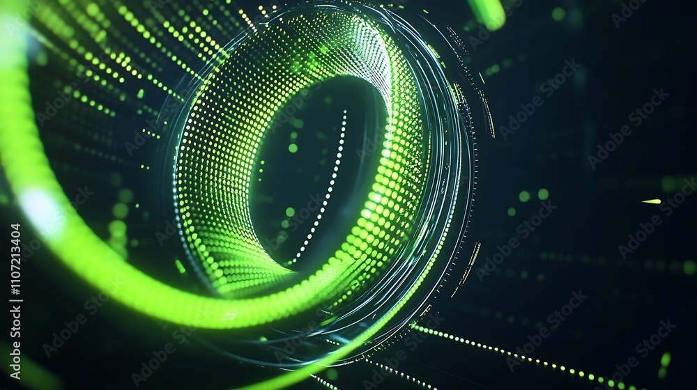 Aufkleber futuristic abstract green light tunnel with dots and lines in 3d space for modern technology backgro