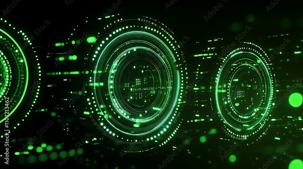 Poster futuristic abstract green technology design with circles and digital elements on dark background