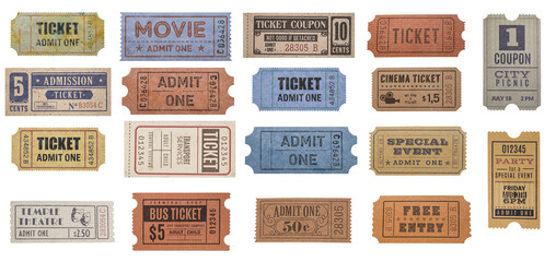 Vintage admission ticket with serial number on white background