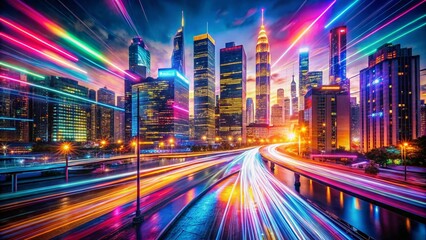 Obraz premium Vibrant Double Exposure Photography Featuring a Colorful Neon Animated Background Blending Urban Landscapes with Abstract Light Trails for Stunning Visual Effects