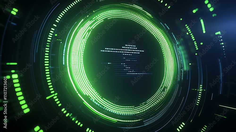 Poster futuristic abstract light display with green circles and lines in high-tech digital environment
