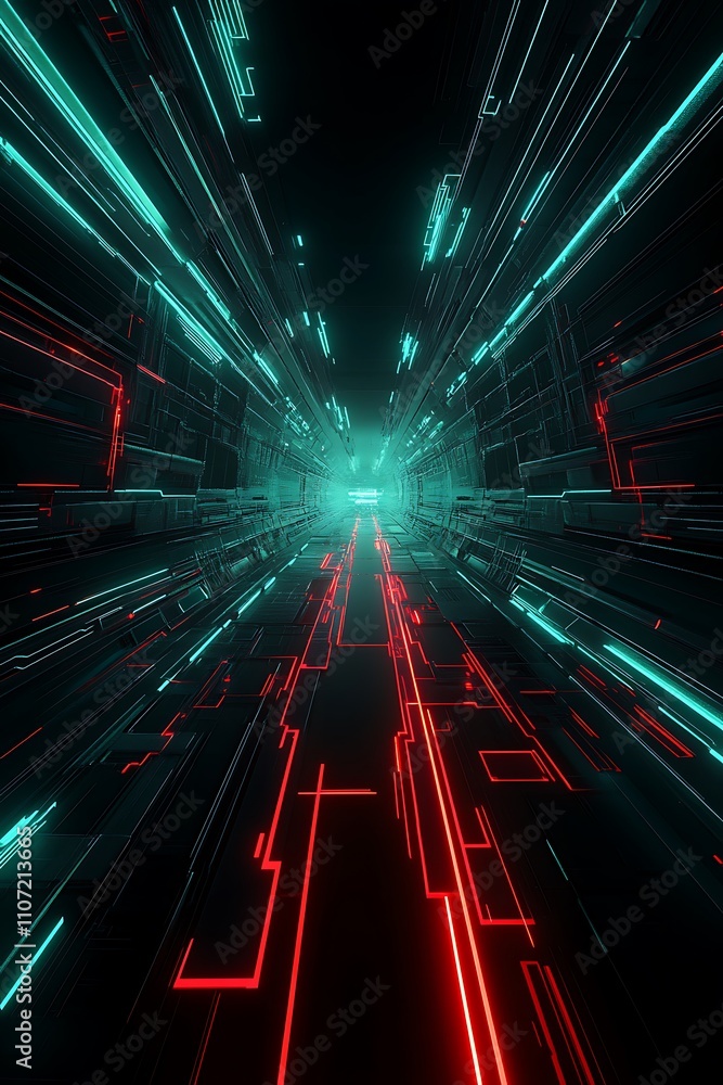 Poster futuristic abstract light tunnel with neon lines in red and cyan colors, digital art perspective vie