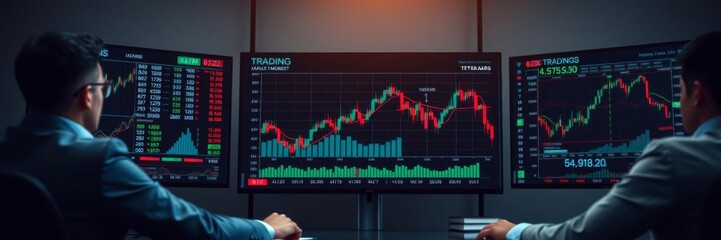 Business stock market trading info graphic with animated graphs and data analysis on display screen, data numbers, charts