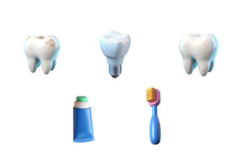 Toothcare set, human tooth model, tooth with plaque, unhealthy tooth, brush , tube, 3d rendering.