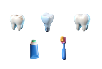 Toothcare set, human tooth model, tooth with plaque, unhealthy tooth, brush , tube, 3d rendering.
