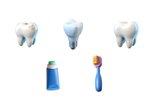 Toothcare set, human tooth model, tooth with plaque, unhealthy tooth, brush , tube, 3d rendering.