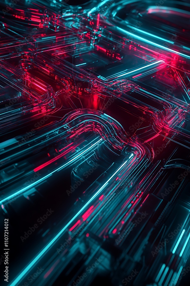 Poster futuristic abstract neon pattern with glowing lines and shapes in dark background
