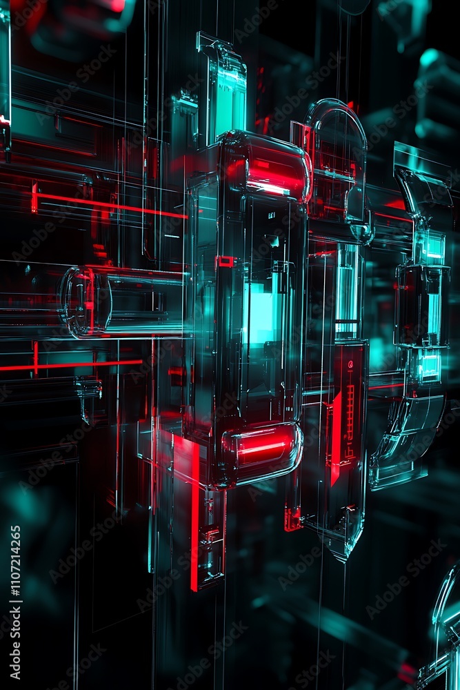 Poster futuristic abstract structure with neon glow in red and blue tones for technology and design concept