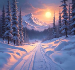 Illustration of winter landscape with road in wild.
