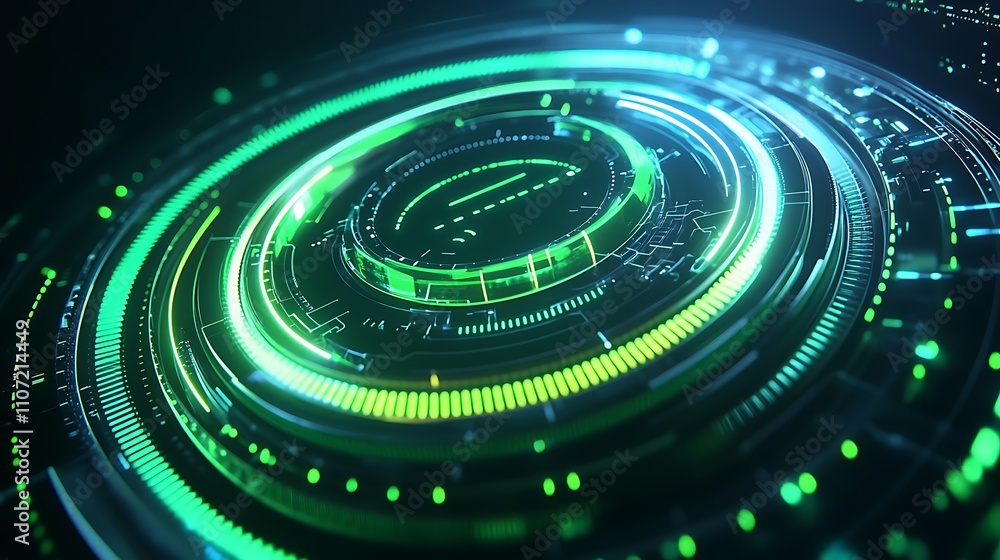 Poster futuristic abstract technology background with circular light patterns and digital elements in green