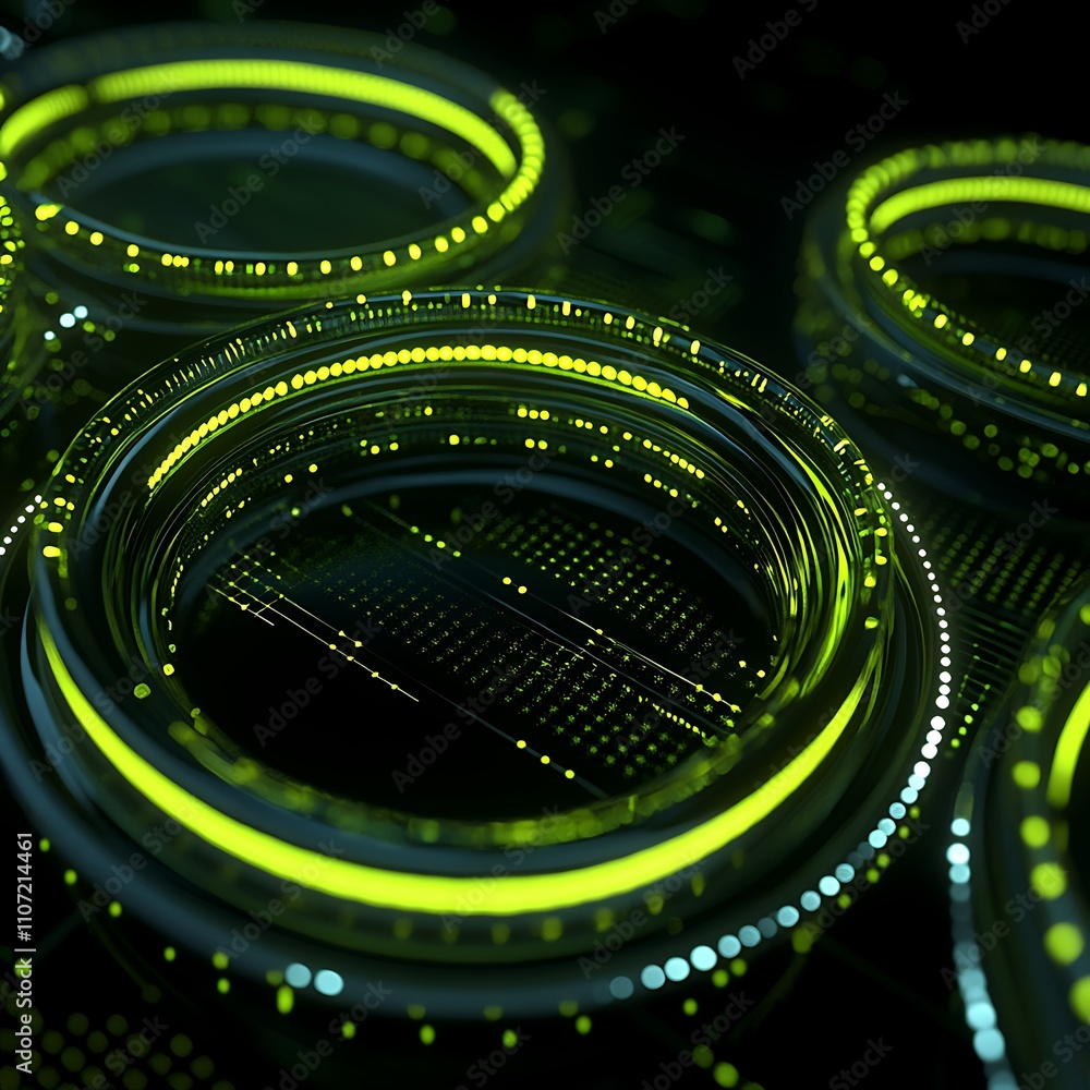 Poster futuristic abstract technology background with circular patterns and bright neon highlights in dark 