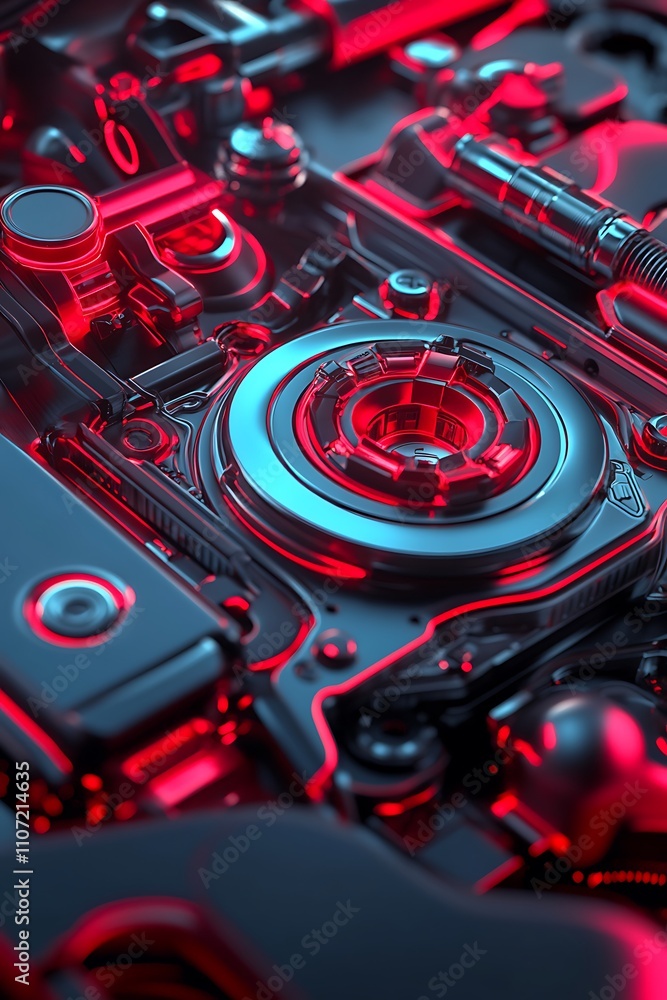 Poster futuristic abstract technology background with metallic elements and red lighting in a close-up view