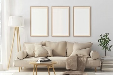 Minimalist living room interior with a beige sofa. wooden coffee table. and three empty frames on the wall