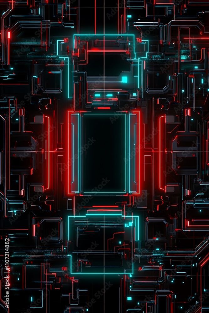 Poster futuristic abstract technology background with neon lines and circuit patterns in red and blue