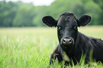 A calm Aberdeen Angus cow resting in a lush green pasture on a sunny afternoon