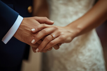 Close up of a newly wed married couple with hands and rings on the finger of the woman. Concept of marriage, love and vows at church. Shallow field of view