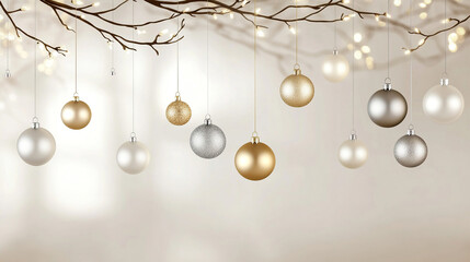 Obraz premium A minimalistic Christmas design with elegant gold and silver baubles hanging on delicate branches, set against a soft blurred backdrop.