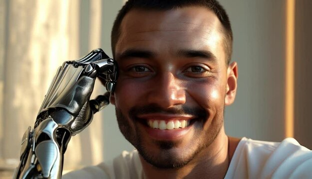 Man with metallic prosthetic hand resting on face in warm light. Futuristic technology, human augmentation, and cybernetic integration concept