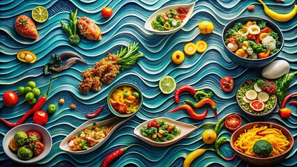 Vibrant Food Photography Featuring a Wave Seamless Pattern Background with Fresh Ingredients, Colorful Dishes, and Artistic Presentation for Culinary Inspiration and Creativity