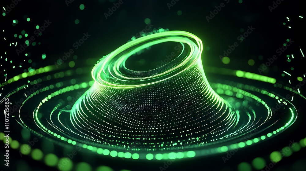 Poster futuristic abstract waveform with vibrant green glow and dynamic particles in dark background
