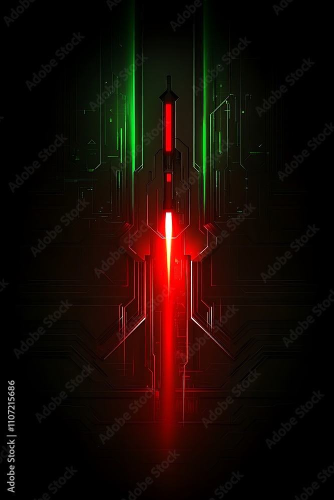 Poster futuristic background with abstract neon tower and circuit patterns in dark green and red color sche