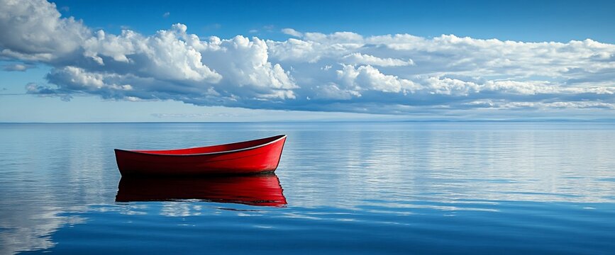 A serene red boat floating on calm water under a blue sky with clouds.