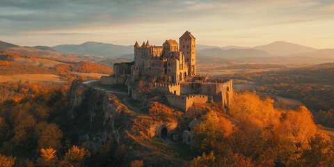Fototapeta premium Majestic castle surrounded by autumn trees on a hilltop, glowing in warm sunlight, creating a fairytale-like and romantic cluttercore landscape, selective focus