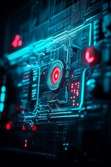 Futuristic Circuit Board with Neon Lights and Complex Design for Technology and Digital Themes