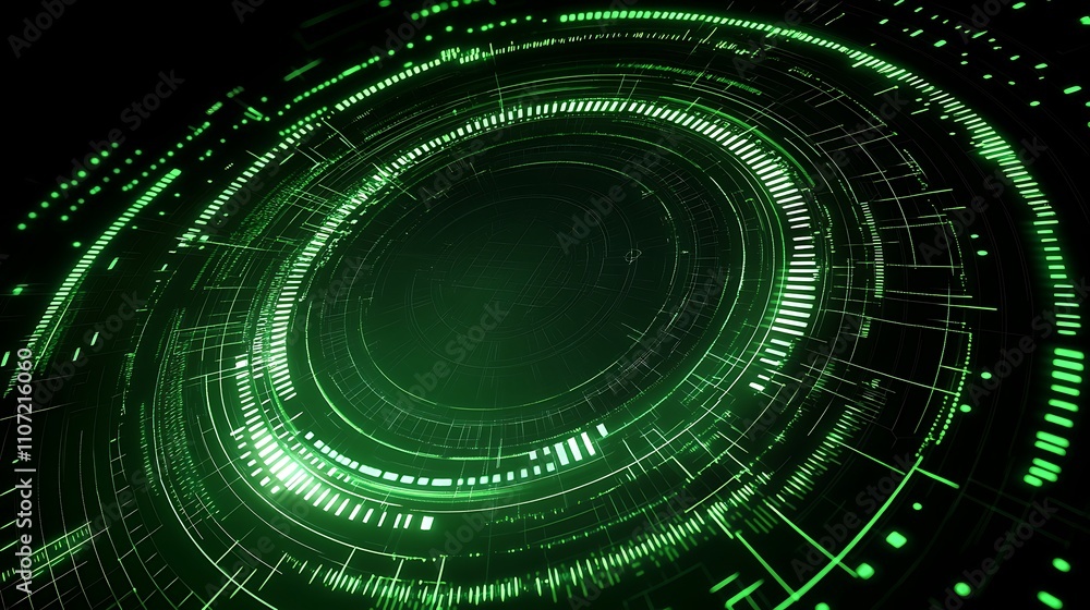 Poster futuristic circular digital interface with green light and geometric patterns for technology and des
