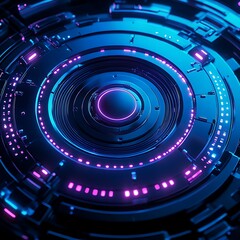 Obraz premium Futuristic Circular Design with Neon Lights and Abstract Patterns in Blue and Purple Colors