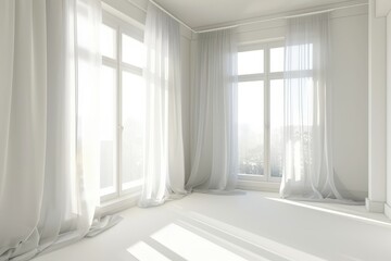 Fototapeta premium Empty room with two large windows and white curtains The sunlight shines through the windows. casting a soft glow on the white floor