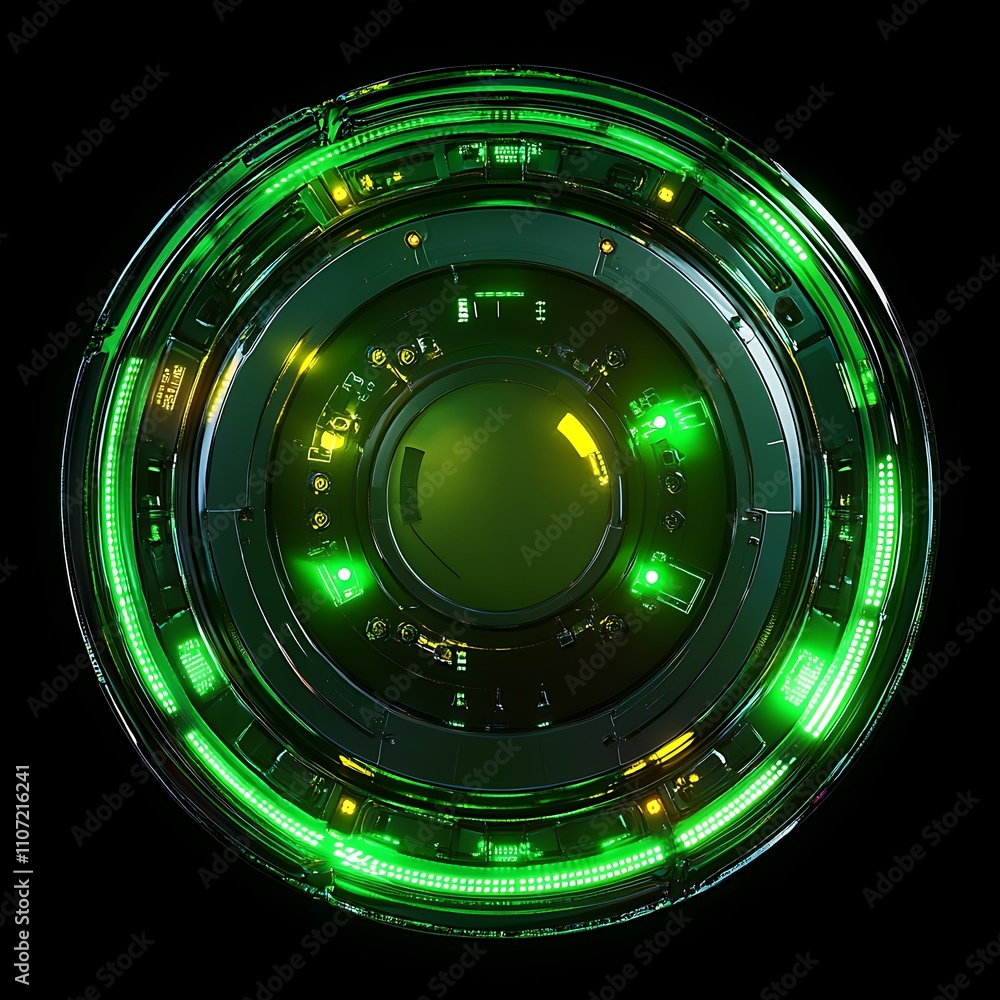 Poster futuristic circular interface with green and yellow lights in a high-tech design for digital backgro