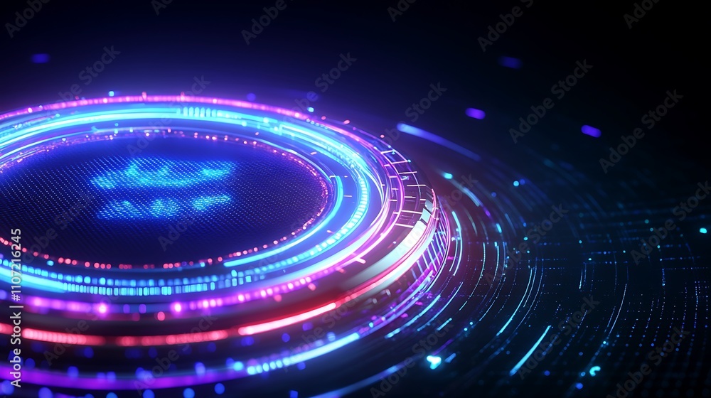 Poster futuristic circular light interface with vibrant neon glow and dynamic particle animation in dark ba