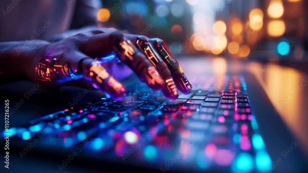 Poster cybernetic hand typing on illuminated keyboard in neon-lit environment. depicting future technology,