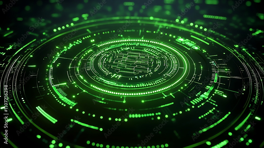 Poster futuristic circular pattern with neon green glow and abstract technology design in dark background