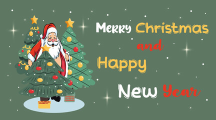 Naklejka premium Merry Christmas simple greeting card on green background with handwritten text. Christmas tree flat design with christmas balls, bows.