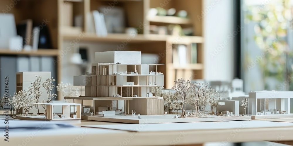 Poster a workspace featuring multiple architectural models displayed, illustrating different design concept