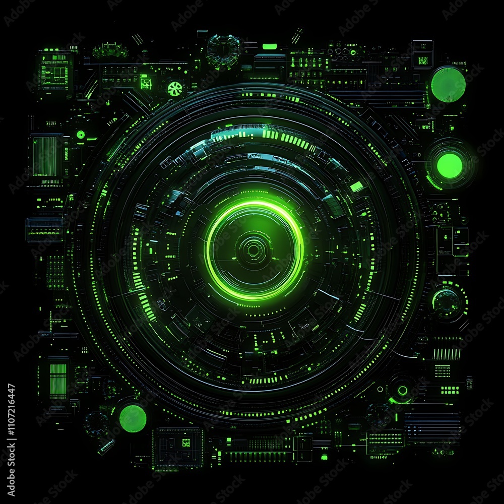 Poster futuristic circular technology background in green with abstract digital elements and geometric patt