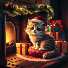 Cute Kitten with Christmas  Presents.