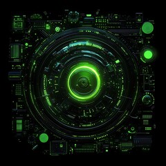 Naklejka premium Futuristic Circular Technology Background in Green with Abstract Digital Elements and Geometric Patterns
