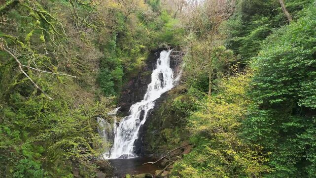 Torc waterfall from above, drone, in Autumn. County Kerry Ireland