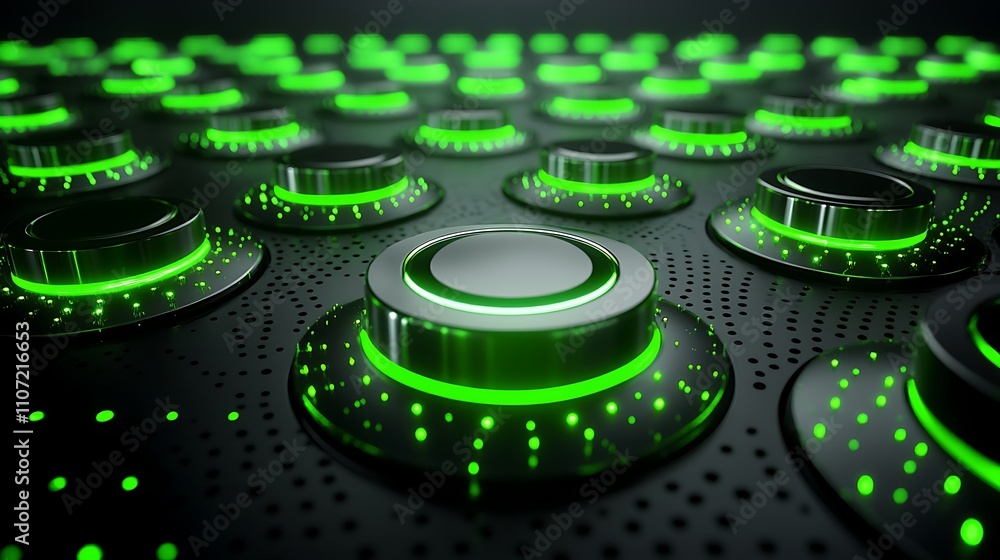 Poster futuristic control panel with illuminated green buttons and dots, high tech interface background
