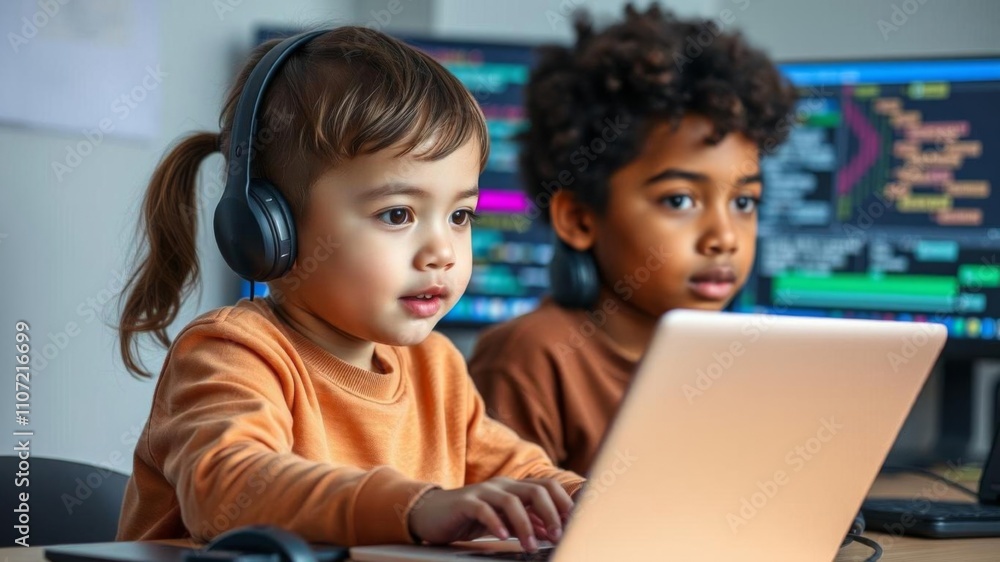Poster little girl sitting on floor with laptop coding text, child, programming
