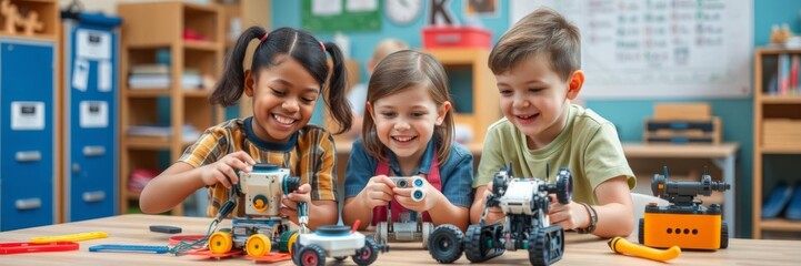 Kids programming electric toys and robots in a fun robotics classroom setting, robotics, playing